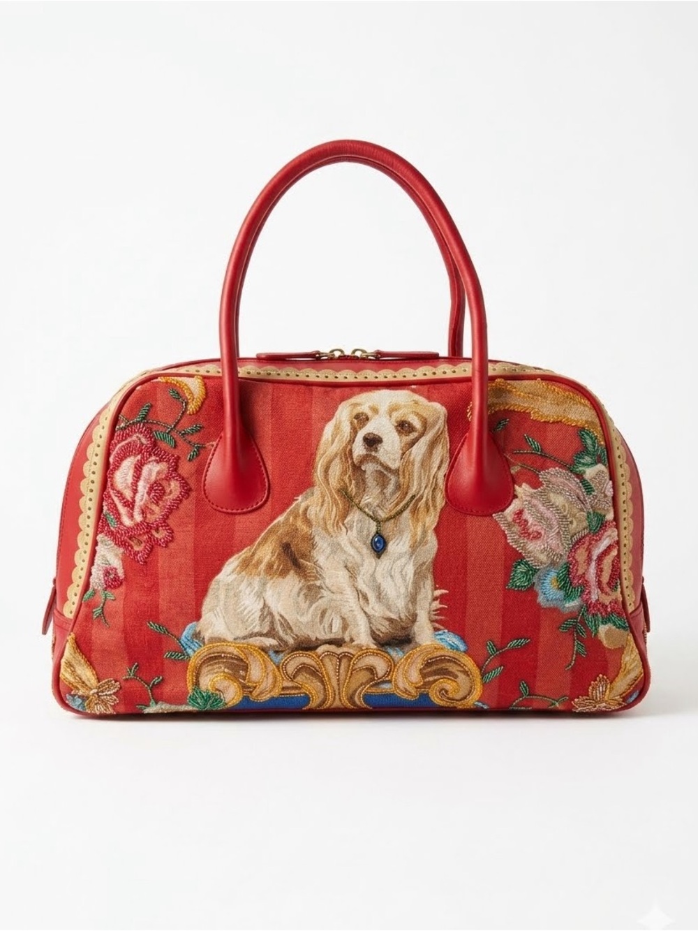 Vintage Isabella Fiore Tapestry Cocker Spaniel Beaded Satchel Bag Red